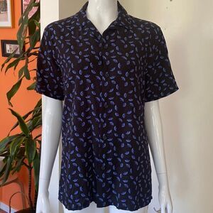 Toscano Firenze Black & Blue Gingko Leaf Print Button Down Shirt Size Small